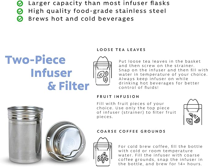 London Sip 25 oz Multi-Function Travel Mug and Tumbler Tea Infuser Water Bottle Fruit Infuser Flask Hot and Cold Double Wall Stainless Steel Coffee Thermos, Celestial Blue, Pack of 2