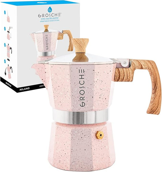 GROSCHE Milano Moka pot, Stovetop Espresso maker, Greca Coffee Maker, Stovetop coffee maker and espresso maker percolator (Pink, 3 cup)
