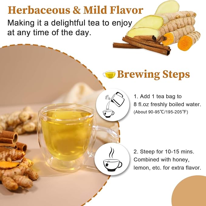 FullChea - Turmeric Ginger Cinnamon Tea Bags, 50 Count, 2g/bag - Premium Turmeric, Ginger, Cinnamon - Non-GMO - Caffeine-free - Aid Digestion & Boost Immunity