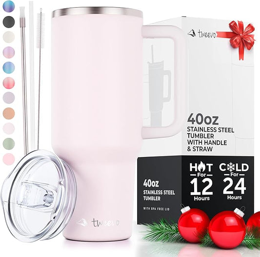 40 oz Tumbler With Handle and Straw Made of Stainless Steel - Double Wall Vacuum Insulated Tumbler With Lid - Sweat Proof Easy Grip, BPA-Free, Dishwasher Safe Tumbler (Rose Quartz)