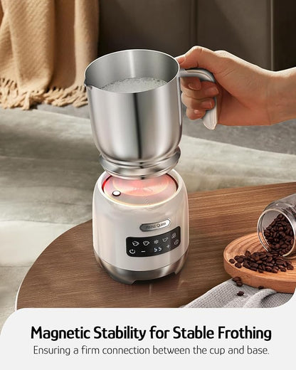 Hazel Quinn Milk Frother - Hot and Cold Detachable Milk Frother with Adjustable Temperature & Foam Thickness, Dishwasher Safe, for Latte/Cappuccino/Hot Chocolate, 400ML (13.5oz) - Pearl White