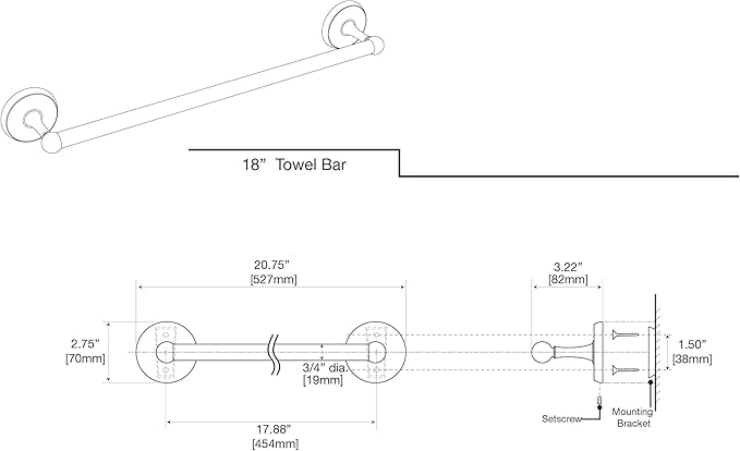Gatco 5071MX Designer II Towel Bar, 18 Inch, Matte Black | Wall Mounted Towel Holder for Bathroom