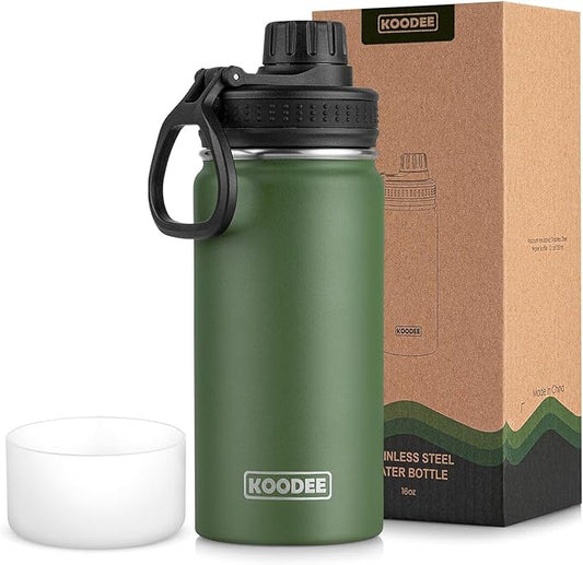 koodee 16 oz Water Bottle Stainless Steel Double Wall Vacuum Insulated Wide Mouth Water Bottle with Leakproof Spout Lid-Reusable Metal WaterFlask BPA Free (Grass Green)