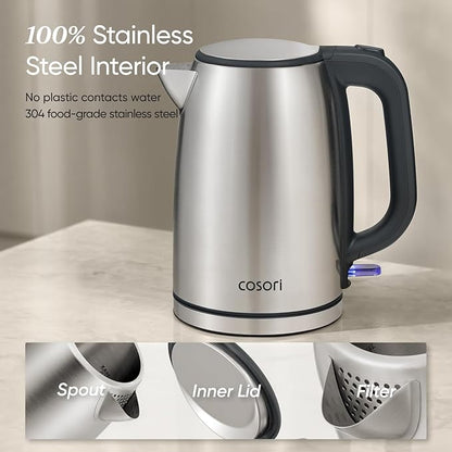 COSORI Electric Kettle, Stainless Steel Tea Kettle, Plastic-free Inner Lid, Filter and Spout, Easy to Clean, Automatic Shut Off & Boil-Dry Protection, Hot Water Boiler & Heater, 1.7L, 1500W