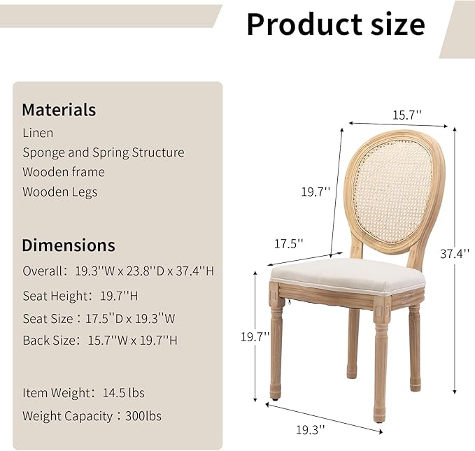 Vintage French Country Dining Chairs Set of 6, Rattan Dining Chairs with Solid Wood Legs, Beige Upholstered Dining Chair, Sillas para Comedor, Kitchen & Dining Room Chair (Beige, Rattan, 6Pcs)