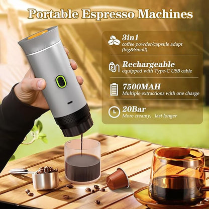 Portable Espresso Maker, Travel Coffee Maker for camping, Portable Espresso Machine with USB-C, 3-in-1 Small Espresso Machine with Ground Coffee & Capsules (NS＆DG) for RV, Hiking, Office