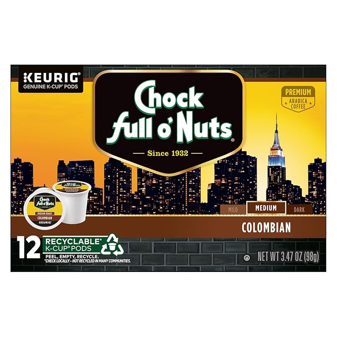 Chock Full o'Nuts Colombian Coffee, Compatible with K-Cup Pods, 12 CT (Pack of 3)