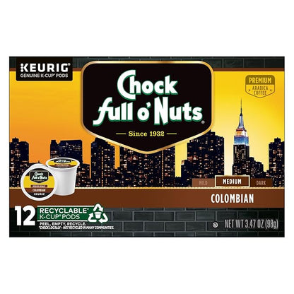 Chock Full o'Nuts Colombian Coffee, Compatible with K-Cup Pods, 12 CT (Pack of 3)