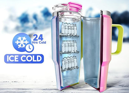 Meoky 32 oz Tumbler with Handle, Insulated Tumbler with Lid and Straw, Stainless Steel Travel Mug, 100% Leak Proof, Keeps Cold for 24 Hours or Hot for 8 Hours, Fits in Car Cup Holder (Carnival)