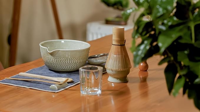 10 Pcs Matcha Whisk Set - 15 OZ Matcha Bowl with Spout and Whisk Holder & Measuring Cup - Bamboo Matcha Scoop and Spoon - Stainless Steel Sifter - Cleaning Brush - Matcha Kit for Japanese Tea Ceremony