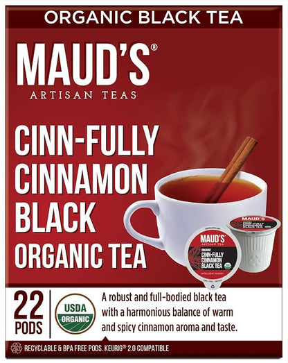 Maud's Organic Cinnamon Black Tea Pods, 22 ct, Recyclable Single Serve Tea Pods – 100% Gourmet Blended Tea Leaves, Compatible with Keurig K Cups Maker
