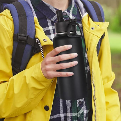 Volhoply 32oz Insulated Water Bottles Bulk 4 Pack with Straw Lid & Spout Lid,Stainless Steel Sports Water Bottle,Double Wall Vacuum Cups,Leakproof Wide Mouth Metal Flask for Hiking,Camping(Black,4)