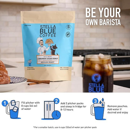 Stella Blue Cold Brew Coffee Bags, Cinnamon Sugar Donut, Medium Roast Ground Coffee, Smooth, Bold and Refreshing 100% Arabica, 6 Brew Packets, Makes 24 Cups, Rainforest Alliance Certified