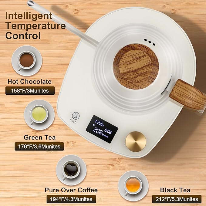 Electric Kettle Gooseneck, Water Electric Kettle with Intelligent Temperature Control Quick Heating 304 Stainless Steel for Coffee Tea Boil Hot Water 1000W 30oz 900ml(Creamy White)