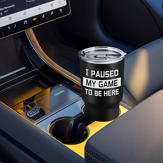 COMOOO I Paused My Game To Be Here Gifts for Teen Boys Girls Gamers, 30 oz Black Insulated Stainless Steel Tumbler with Lid, Funny PC Gamer Humor Joke for Husband Kids Teens Boyfriends Mug Cup