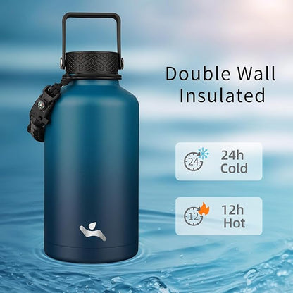 Insulated Water Bottle with Straw,87 oz 3 Lids Water Jug with Carrying Bag,Paracord Handle,Double Wall Vacuum Stainless Steel Metal Flask,Indigo Black