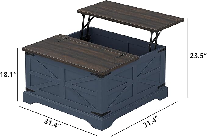 Furnideco Square Coffee Table with Storage Farmhouse Coffee Table with Lifting Top Modern Wood Center Table for Living Room Home Office, Blue