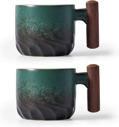 Ceramic Espresso Cups with Wooden Handle Espresso Shot Cups Ceramic Tea Cups Porcelain Demitasse Cups for Coffee or Tea, 3oz (green, 2)