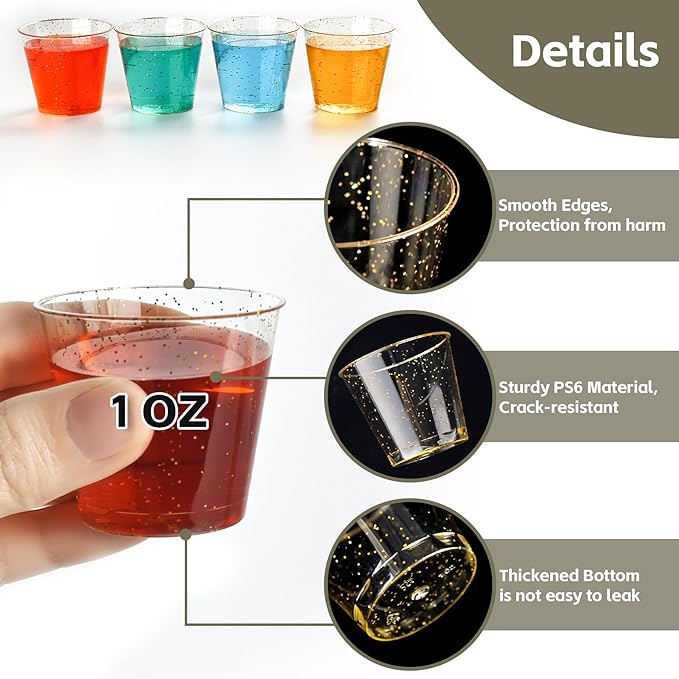 [1000 Pack 1oz Shot Glasses Disposable Cups, Gold Glitter Plastic Shot Glasses for Sauces & Dips, Shot Cups Ideal for Tequila, Whiskey, Wine Tasting, Vodka & Liquor