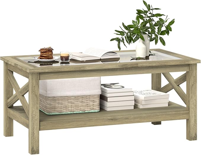 HOMCOM Glass Coffee Table, Modern Farmhouse Center Table with Storage, Side Table for Living Room with Classic X-Bar Style Sides, Gray