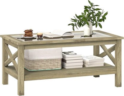HOMCOM Glass Coffee Table, Modern Farmhouse Center Table with Storage, Side Table for Living Room with Classic X-Bar Style Sides, Gray