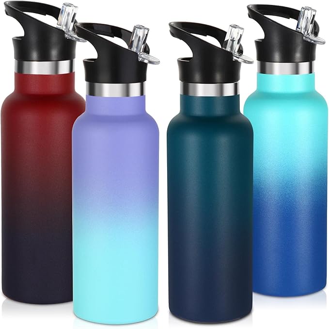 Volhoply 17oz Insulated Water Bottle Bulk 4 Pack,Stainless Steel Kids Water Bottles with Straw Lid,Double Wall Vacuum Metal Water Flask,Reusable Keep Hot & Cold(Assorted,4 Set)