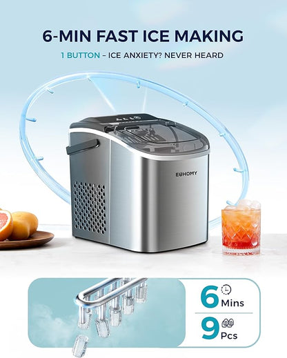 EUHOMY Countertop Ice Maker Machine with Handle, 26lbs Per Day, 9 Ice Cubes Ready in 6 Mins, Auto-Cleaning Portable Ice Maker with Basket and Scoop, for Home/Kitchen/Camping/RV (Silver)