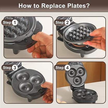 Mini Waffles Maker with 8 Removable Plates, 4 in 1 Small Waffle Maker Mini- Waffle, Heart Waffle, Pancake, Donut, 4.5" Non Stick Waffle Iron for Kids and Families, Black