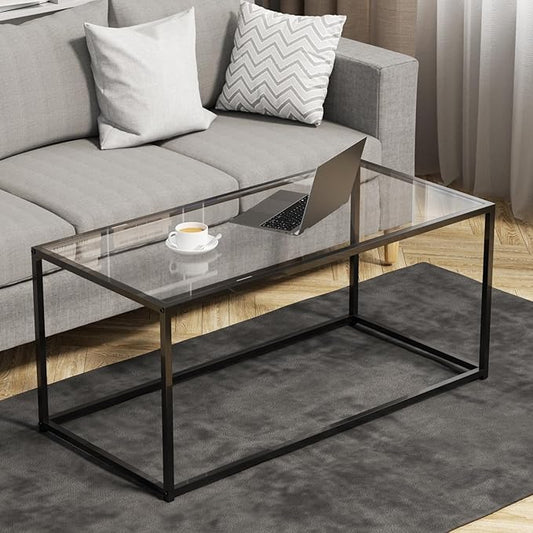 Glass Coffee Table Modern Center Table,Minimalist Coffee Table for Living Room,Tempered Glass-top with Sturdy Metal Frame, Easy Assembly,Black