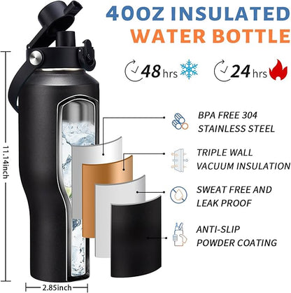 40 oz Water Bottle with Straw That Fits in Car Cup Holder, Cold 48H Hot 24H, Leakproof Stainless Steel Flasks Thermo Jug, Paracord Handle, Carry Pouch with Shoulder Strap