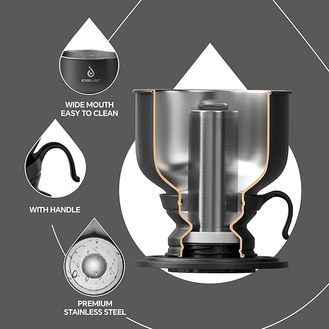 IDEUS Brew Pour Over Dripper, Portable Stainless Steel Reusable Filter Manual Camp Coffee Maker BPA-Free for Home, Office & Camping (Camp Dripper-Black)