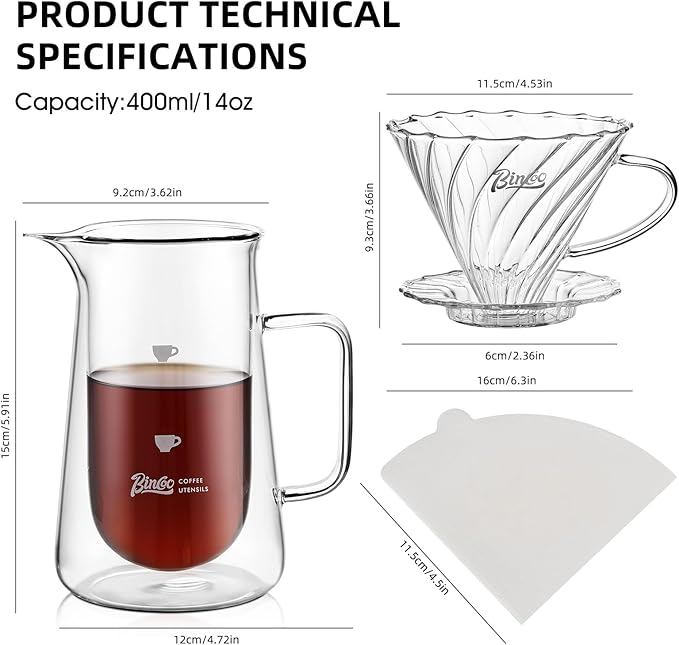 Double Wall Pour Over Coffee Maker Set - 400ml Insulated Glass Carafe with Handle, Dripper & 50 Filters, Coffee Server for Pour Over, Borosilicate Glass for Coffee, Tea, Cocktails & All Beverages