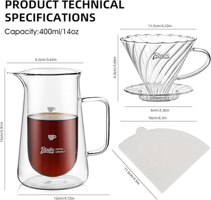 Double Wall Pour Over Coffee Maker Set - 400ml Insulated Glass Carafe with Handle, Dripper & 50 Filters, Coffee Server for Pour Over, Borosilicate Glass for Coffee, Tea, Cocktails & All Beverages