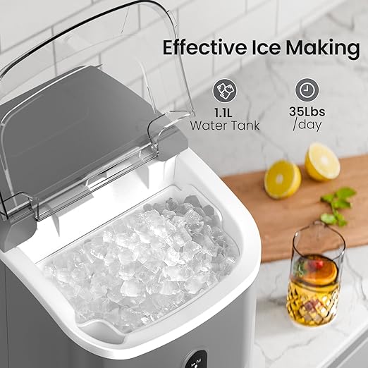 Nugget Ice Maker Countertop with Self-Cleaning Function, Sonic Ice Maker Machine with Handle, 35lbs/Day, Compact Design for Home/Office Use(Grey)
