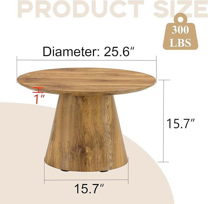 Wood Coffee Table, 25.6" Small Coffee Table, Natural Wood Grain Round Tabletop with Wooden Cone Base, Round Living Room Table with Adjustable Feet, Mid Century Center Table for Apartment,Small Space