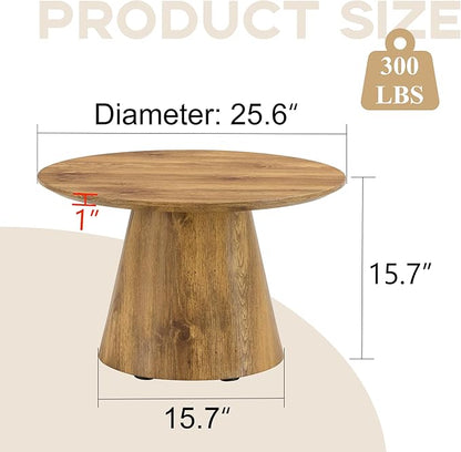 Wood Coffee Table, 25.6" Small Coffee Table, Natural Wood Grain Round Tabletop with Wooden Cone Base, Round Living Room Table with Adjustable Feet, Mid Century Center Table for Apartment,Small Space