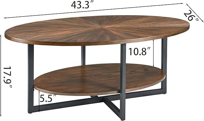 Solid Wood Oval Coffee Table with Cross Metal Legs, 43.3in Modern Industrail Center Table with Open Shelf Cocktail Tea Table for Living Room Bedroom, Rustic Brown 1811NC