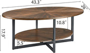 Solid Wood Oval Coffee Table with Cross Metal Legs, 43.3in Modern Industrail Center Table with Open Shelf Cocktail Tea Table for Living Room Bedroom, Rustic Brown 1811NC