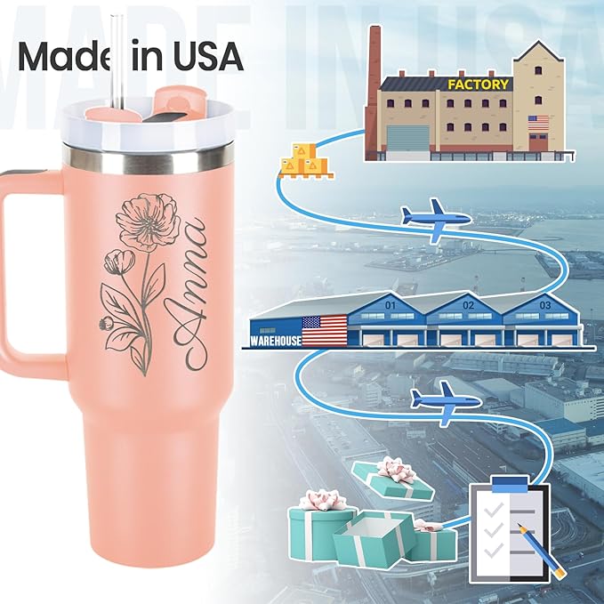 Made in USA - Personalized 40 Oz Tumbler with Handle and Straw - Custom Birthday Gifts with Name/Birth Flower for Wowen Girlfriend- Personalized Tumbler Bridesmaid Gifts for Wedding