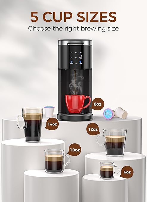 COWSAR Single Serve Coffee Maker, K Cup Coffee Brewer for Capsule and Ground Coffee, Capsule Coffee Machine with 40 Oz Water Tank, Instant-Heat, 5 Brew Sizes Up To 14 Oz, Black