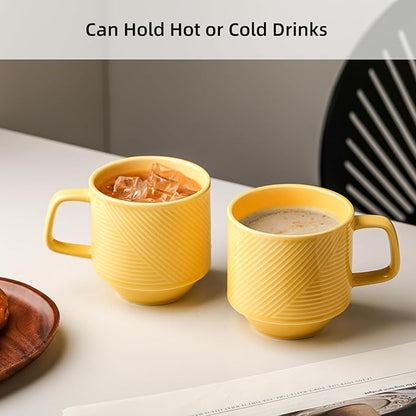 Stackable Coffee Mugs Set: 13 oz Ceramic Stacking Cups for Cappuccino Latte Tea - Microwave Safe Mug for Home & Office - 4 PCS, Light Yellow