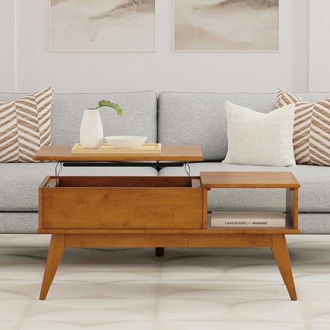 SIMPLIHOME Draper Lift Top Coffee Table - 48 inch Wide Solid Hardwood Mid-Century Modern Cocktail Table in Teak Brown, Functional Living Room Table with Storage Compartment, Open Shelf and Angled Legs
