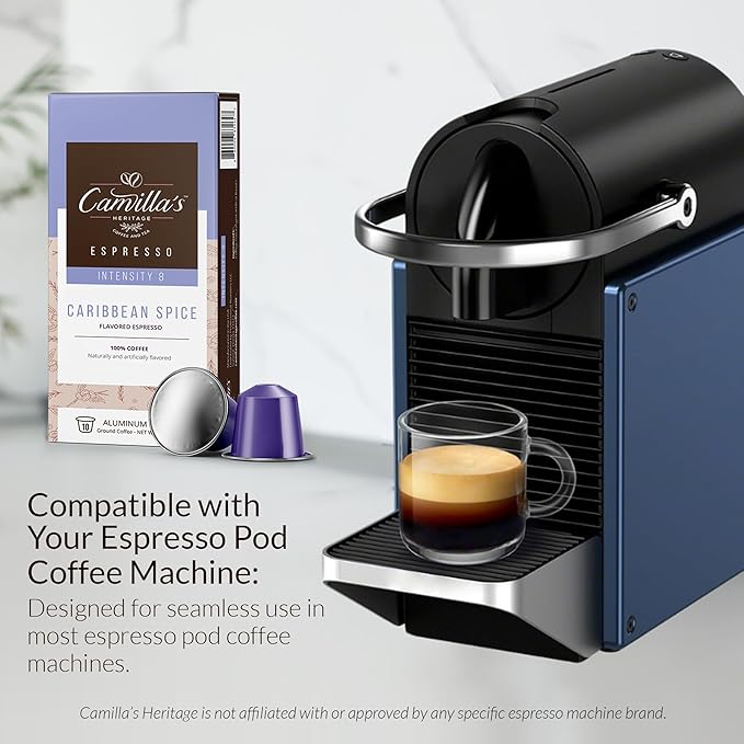 Camilla’s Heritage - Intensity 8 Caribbean Spice Flavored Espresso Coffee, Gourmet Espresso Cups, 60 Coffee Pods