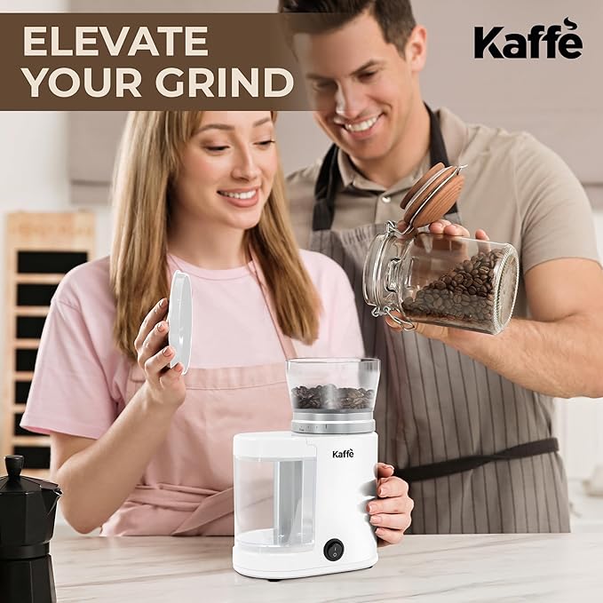 Kaffe Electric Burr Coffee Grinder (5.5oz) w/Adjustable Coarseness Settings - Flat Burr - [New Upgraded Motor ] - Precision Coffee Bean Grinder for Home Use - White