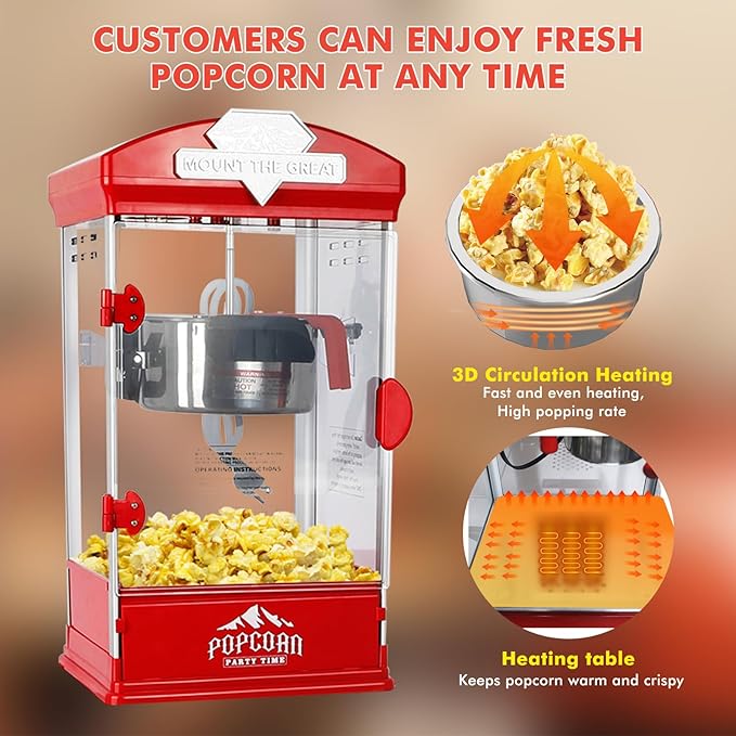 Popcorn Machine with Cart, Wheels & 10 Oz Kettle Popcorn Maker, Movie Theater Popcorn Maker Machine, Home Theater Popcorn Popper Measuring 3 Plastic Spoons