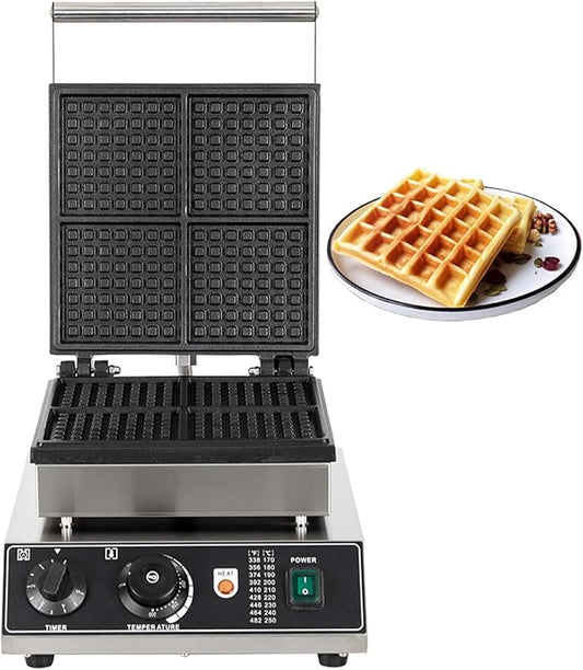 Industrial Waffle Maker 1750W Square Waffle Iron, 110V Non-Stick Waffle Baker Machine, 4 Slice Belgian Waffle Maker Teflon-Coated Baking Pans Stainless Steel Body,50-300℃/122-572℉ Adjustable
