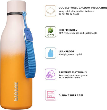 BJPKPK Insulated Water Bottles, 18 oz Stainless Steel Metal Water Bottle with Strap, BPA Free Leak Proof Jugs, Mugs, Flasks, Reusable Thermal Flasks for Sports & Travel, Coral