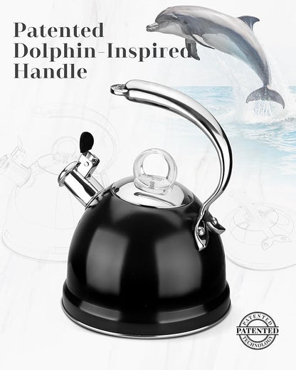 Harriet Tea Kettle Stovetop, 2.5 QT Whistling Stainless Steel Teapot, 3-Layer Base, Unique Ergonomic Handle, Includes Pot Holder & Mat, Electric/Induction/Gas Stovetops Applicable, Black