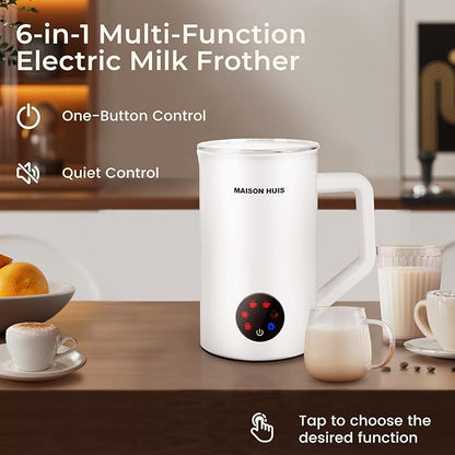 MAISON HUIS Milk Frother, 6-IN-1 Electric Milk Steamer, 20oz/591ml Hot & Cold Foam Maker for Latte & Cappuccino, 550W Fast Heating Stainless Steel Milk Steamer, Hot Chocolate Maker