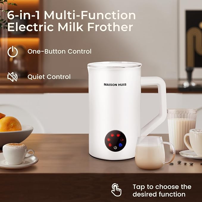 MAISON HUIS Milk Frother, 6-IN-1 Electric Milk Steamer, 20oz/591ml Hot & Cold Foam Maker for Latte & Cappuccino, 550W Fast Heating Stainless Steel Milk Steamer, Hot Chocolate Maker